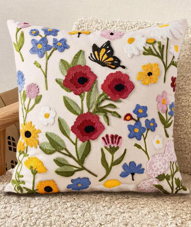 Embroidered Throw Pillow Cover 18x18 Inch, Retro Flower