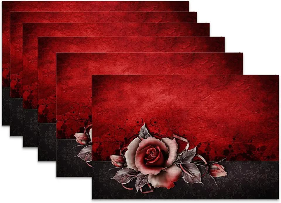 Red Rose Placemats for Dining Table Set of 6,Vintage Flowers Place Mats for Home Party Kitchen Indoor Holiday Rustic Washable Heat Resistant Table Mats 12 x 18 Inch