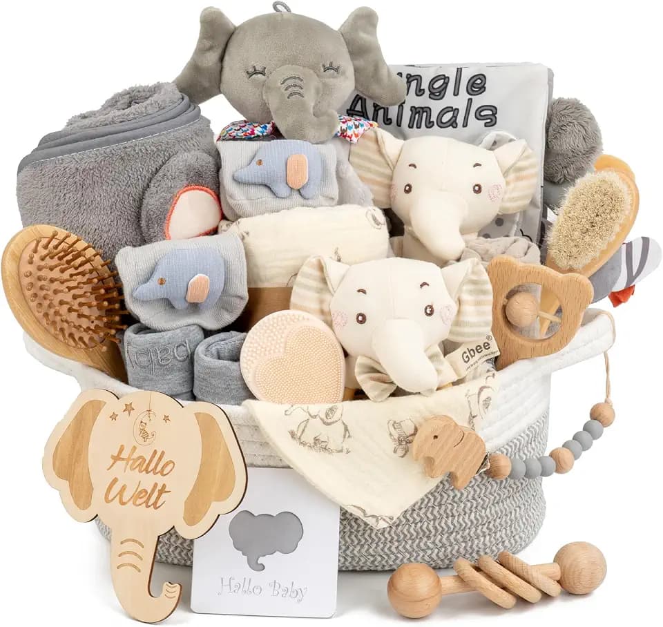 Neugeborenen Geschenk, Set zur Geburt mit Baby Kuscheldecke und Holzrassel