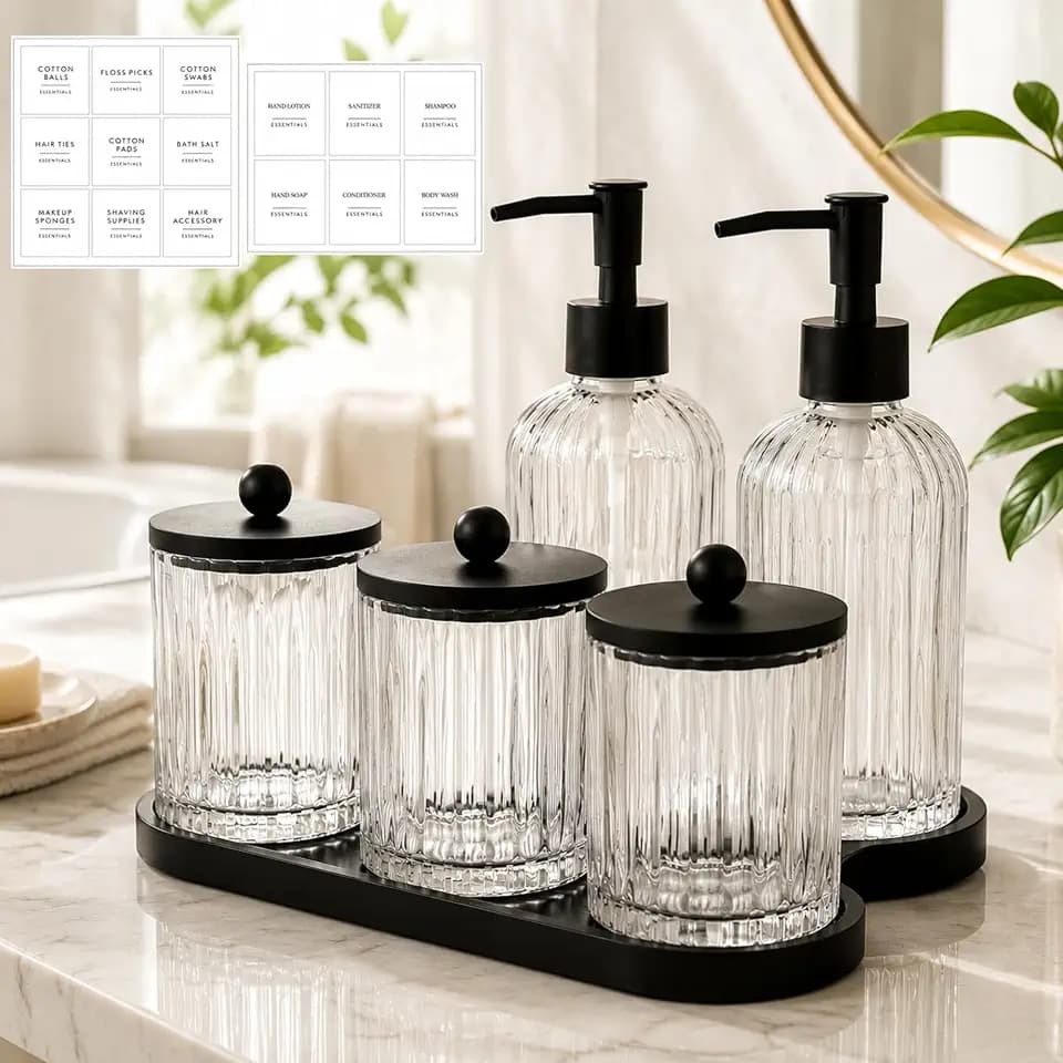 Yaomiao 5 Pack Glass Bathroom Accessories Set, Clear Striped Soap Dispenser, Toothbrush Holder, Cotton Swab Jars with Lids and Vanity Tray for Modern Sink Countertop Decor