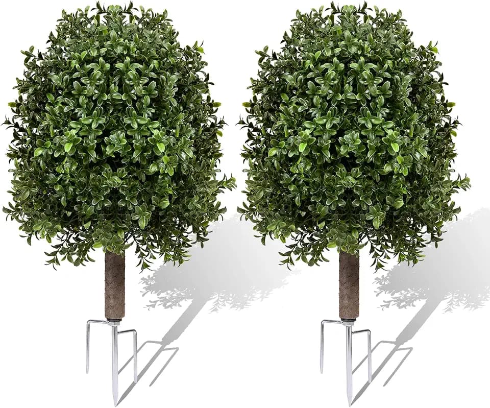 25" Artificial Boxwood Topiary Ball Tree - 2-Pack Realistic Touch Dual-Tone UV-Resistant Outdoor Fake Plant with Triangular Stake & Natural Trunk Texture, Faux Topiary Bush for Garden Porch Decor