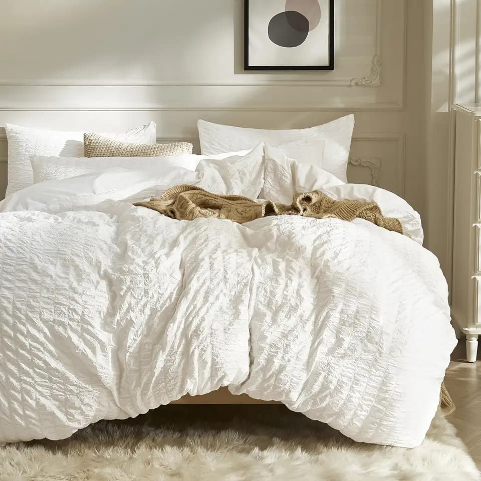 JELLYMONI White Seersucker Duvet Cover Set King Size