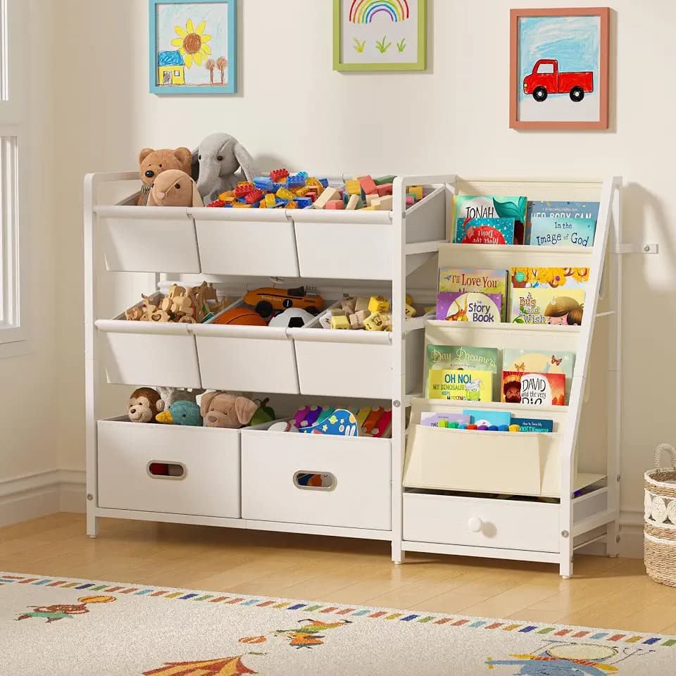 Kids Toy Storage Organizer, Kids Bookshelf and Toy Storage with 9 Bins, Montessori Toddler Bookshelf, Playroom Storage Organization, Baby Book Shelf for Kids Rooms, Nursery, White
