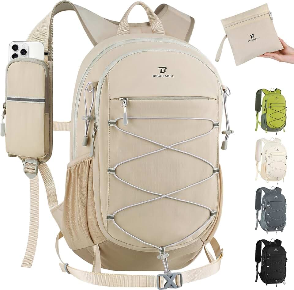 BECOJADDE Hiking Backpack 20L Small Backpack Packable Day pack Water Resistant Lightweight Travel Backpack for Women Men with Shoulder Strap Pockets for Hiking Camping Outdoor, Khaki