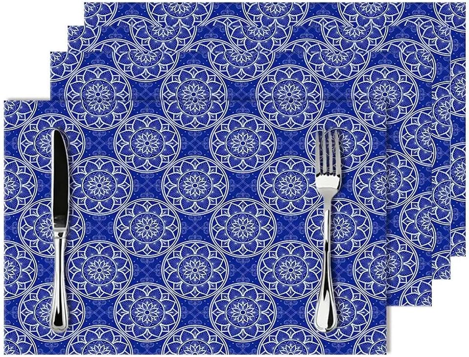 Chinoiserie Blue and White Florals Linen Placemats Set of 4, Navy Blue Chinoiserie Place Mats 4 for Dining Table Kitchen Coffee Shop Farmhouse, Gifts for Chinese Culture, Festival & Kitchen Home Decor