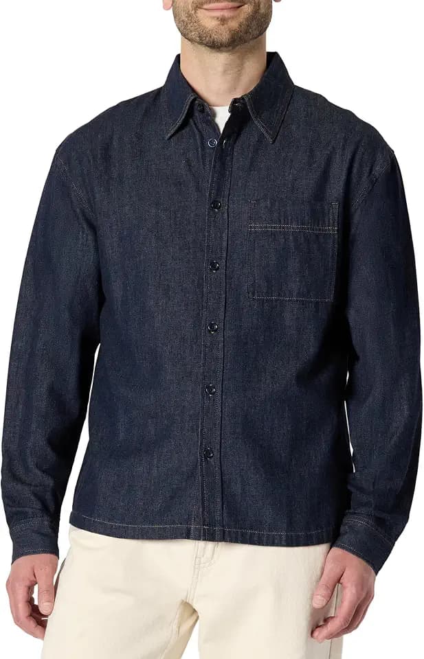 Amazon Essentials Men's Modern Oversized-Fit Denim Button-Down Shirt, Button Front