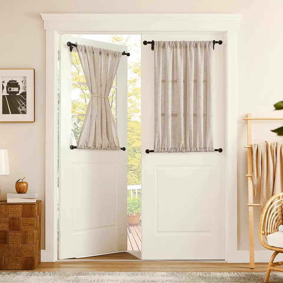 Tollpiz Short Linen Door Curtains Doorway Semi Sheer Curtains Room Divider Light Filtering Drape Dual Rod Pocket Boho Window Curtain for Closet, 54 x 54 inches Long, Natural, 1 Panel