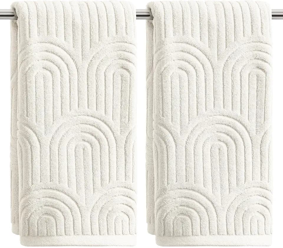 Artoid Mode 2 Pcs White 3D Arched Stripes Jacquard Hand Towels for Bathroom, 100% Cotton Soft Absorbent Bathroom Decor Towels, 13.7 x 29.5 Inch