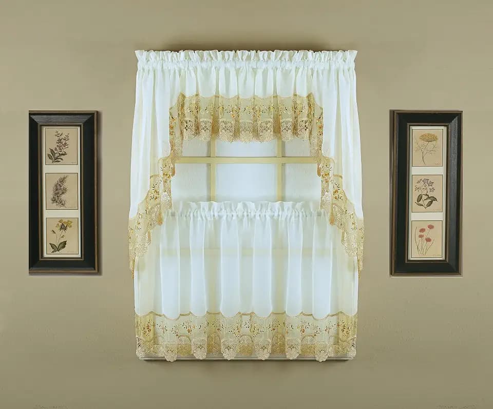 Today's Curtain, Vintage Macramé Organza Tier 36", Ecru/Gold, 58" W x 36" L