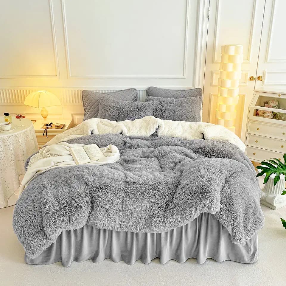 UOZZI BEDDING Gray Faux Fur Comforter Set Twin 3 Pieces - 1 Shaggy Comforter 68x86 and 2 Pillowcases, Ultra Soft and Easy Care Luxury Plush Super Warm Winter Shaggy Duvet Set
