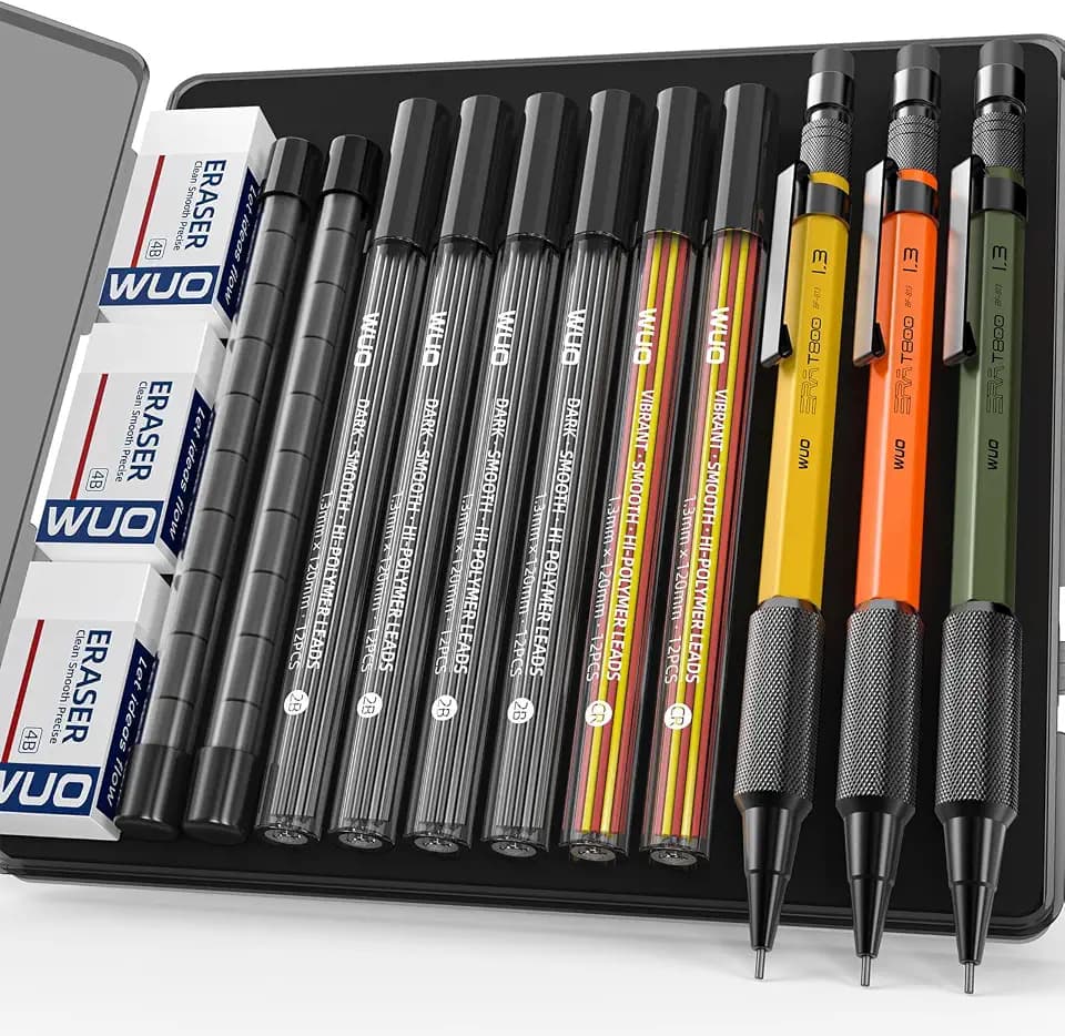 WUO 1.3mm Mechanical Pencil Set, 3 Pack Metal Mechanical Carpenter Pencils