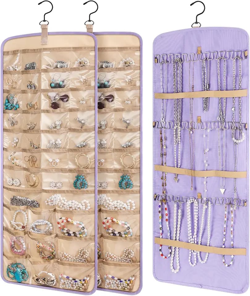 2 Pack Hanging Jewelry Organizer Storage with 39 Pockets, 30 Necklace Hooks Double Sided Wall Mount Earring Holder Organizer Bracelet Necklace Jewelry Display Hanger for Closet Door (Purple)