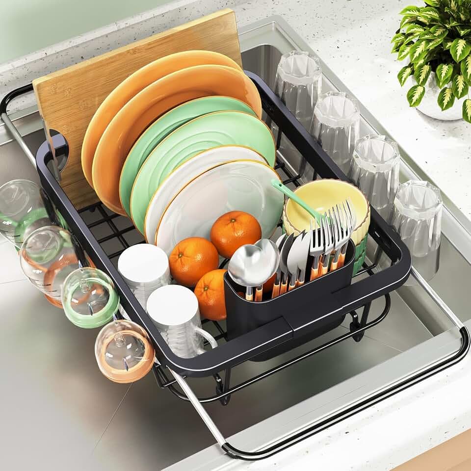 Urackify Dish Drying Rack in Sink, Dish Drainer with Utensil Holder, Black