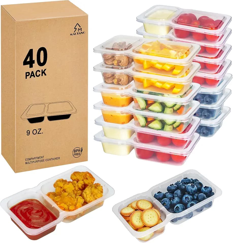MACTANO Reusable Snack Containers with Lids, 9 oz Double Compartment Plastic Snack Pack Containers Portion Control Meal Prep Snack Boxes BPA Free 40 Sets for Work Travel School