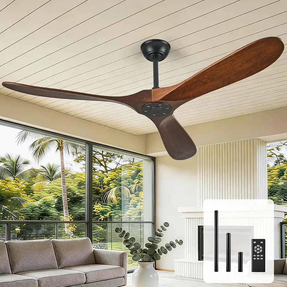 60'' Wood Ceiling Fan No Light, Walnut, Remote, DC Motor, Indoor/Outdoor