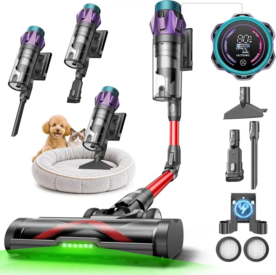 Ultenic Cordless Vacuum Cleaner, 55KPA/650W/80Mins, Cordless Stick Vacuum with 180°Bendable Wand, Touch Screen, Anti-Tangle Brush, Self-Standing, Vacuum Cleaners for Home/Floor/Pet Hair/Carpets