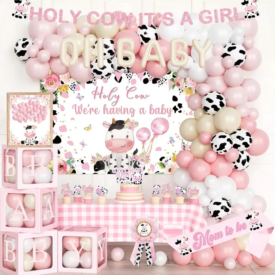 Costova Cow Baby Shower Decorations for Girls, Pink Cow Baby Shower Decorations, Holy Cow We Are Having a Baby Backdrop Balloon Box Tablecloth Sash Pin for Cow Print Its a Girl Gender Reveal