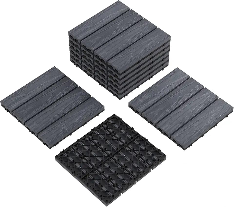 9-Pack 12"X12" Composite Interlock Deck Tiles – Waterproof Interlocking Flooring for Indoor & Outdoor Use, All-Weather Plastic Wood-Grain Tiles for Patio, Balcony, Porch, Poolside (Grey, 9 Sq ft)
