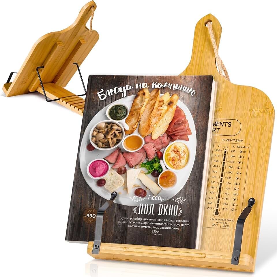 Adjustable Bamboo Cookbook Stand 7-Angles Recipe Cookbook Holder, Page Grip