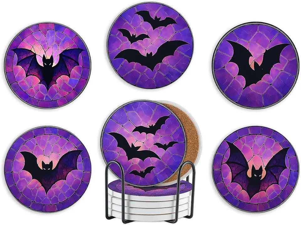 Onebttl Bat Gifts for Women, Men, Bat Ceramic Coaster, Set of 6 with Gift Box, Absorbent with Cork Base, Home Decor for Halloween, Christmas, Birthday