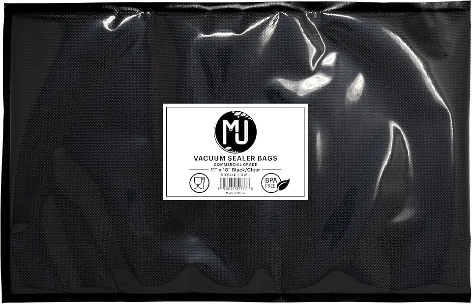 MJ Commercial-Grade Vacuum Sealer Bags for Food Storage, Sous Vide | 50 Pack (11" x 18" 5 Mil, Black and Clear)