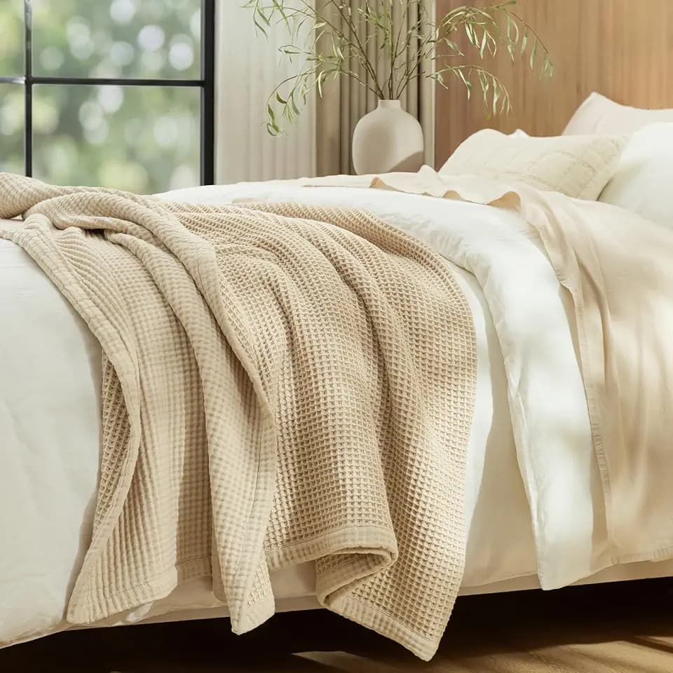 PHF 100% Cotton Waffle & Muslin Blanket King Size, 104" x 90", French Oak