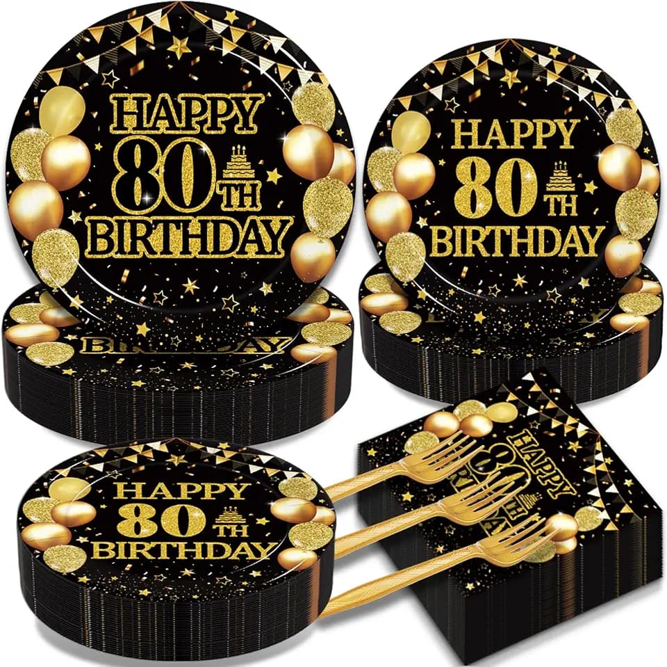 Kepeel 80th Birthday Plates and Napkins Set, Serves 50