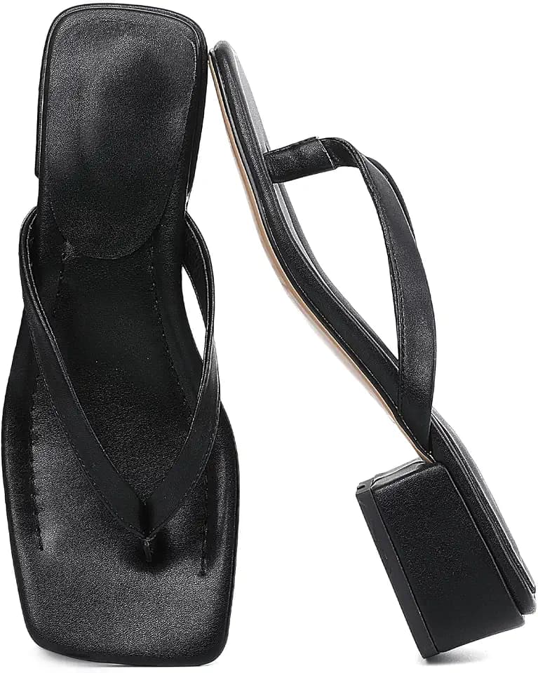 Women Flip Flops Squared Toe Chunky Low Heels Thong Sandals Slip On For Casual Summer Beach Slides