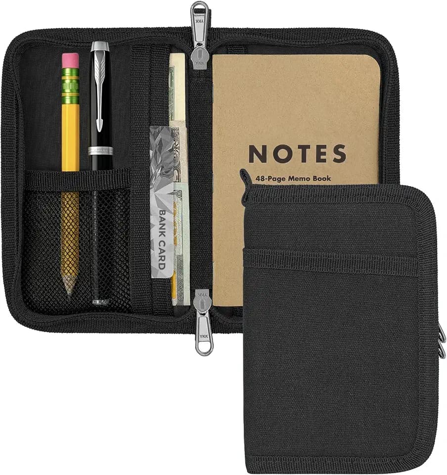 Journal Cover for Field Notes & Moleskine Cahier with YKK Zipper, 3.5"x5.5" Waxed Canvas Notebook Cover with Pen Holder, Water Resistant Travel Planner Cover for Daily Use (Black)