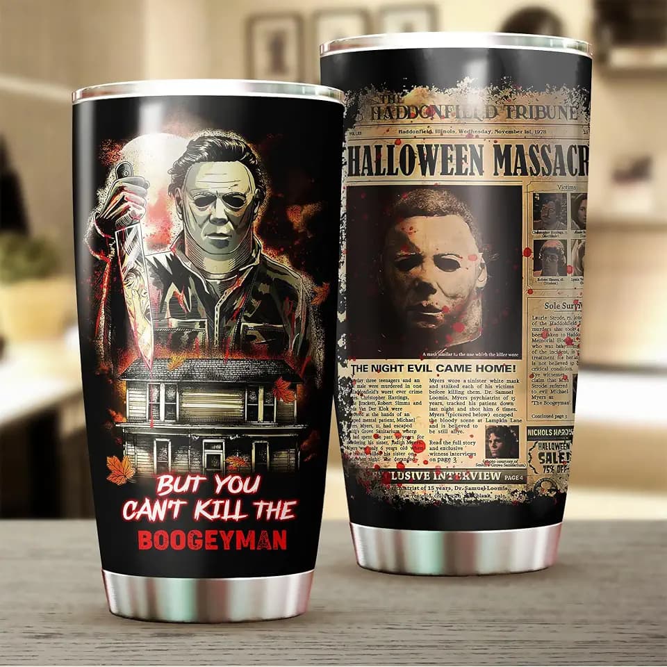 Horror Movie Character Inspired Tumbler 20 Oz, But You Can't Kill Tumbler The Boogeyman Newspapers Mug, Stainless Steel Water Bottle for Hot & Cold Drinks Tea Cup Iced Coffee Travel Mug