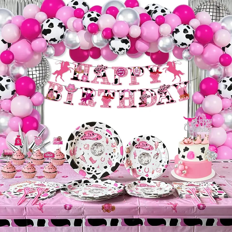 Disco Cowgirl Party Decorations, 171Pcs Western Horse Birthday Party Decoration Supplies for 16 Guests with Plates, Napkins, Forks, Tablecloth, Cake Topper, Fringe Curtain, Balloon Banner