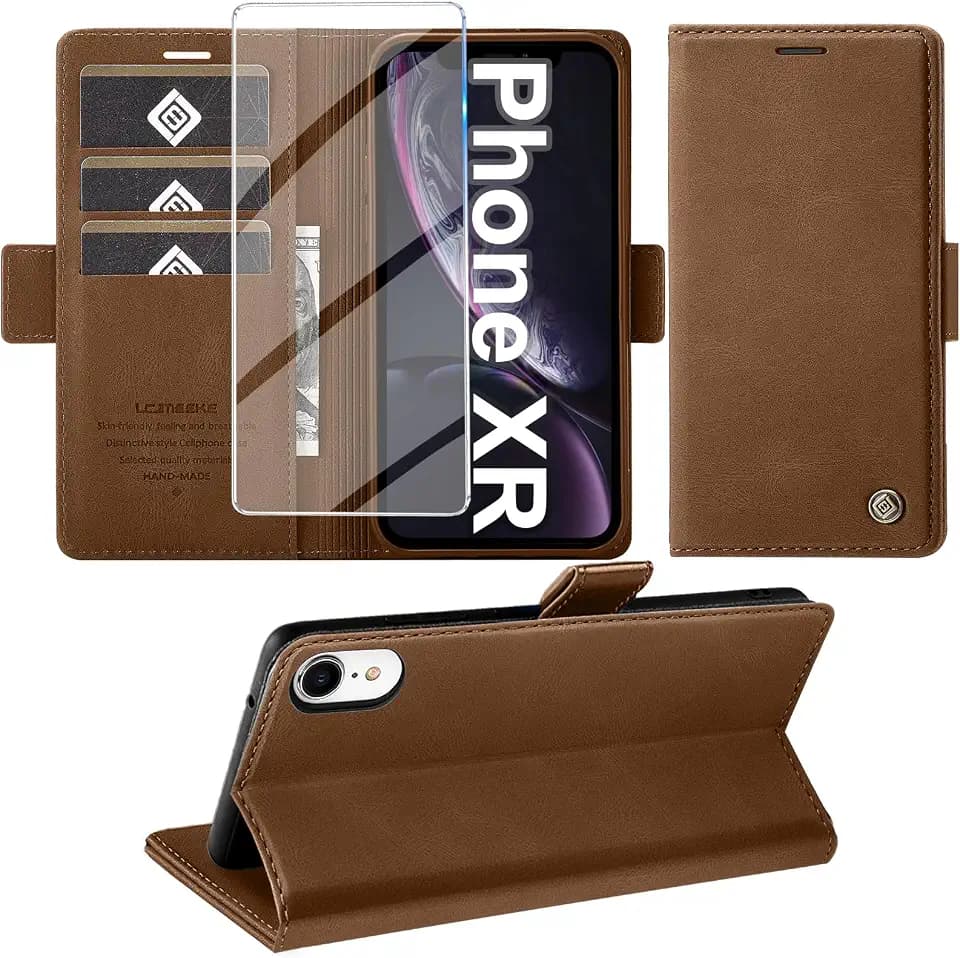 Giyer Handyhülle für iPhone XR Hülle mit Schutzfolie, Kartenfach Wallet Klapphülle Premium Leder Standfunktion Schutzhülle für iPhone XR Flip Case Cover Tasche (Braun)