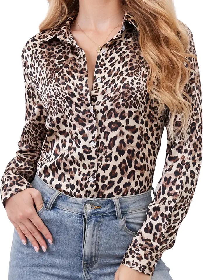 BBIBBI Wrinkle-Resistant Silky Women Printed Button Down Shirt Long Sleeve