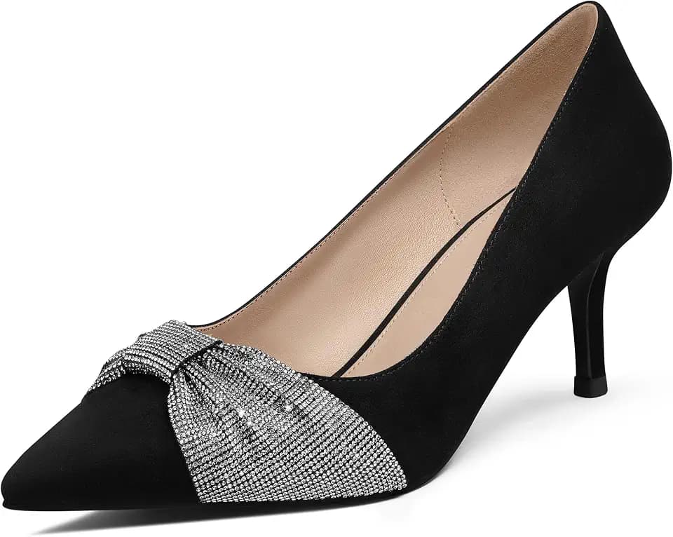 MUCCCUTE Women's Pumps Kitten Heels Closed Toe Heels for Women Pointed Toe Rhinestones Bow Office Dress Shoes