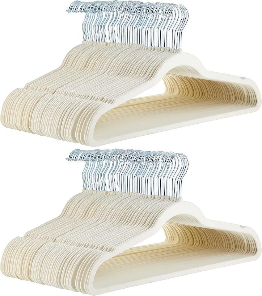 Amazon Basics Slim Velvet Non-Slip Space Saving Suit Clothes Hangers for Closet Organization, Ivory/Beige, 100-Pack