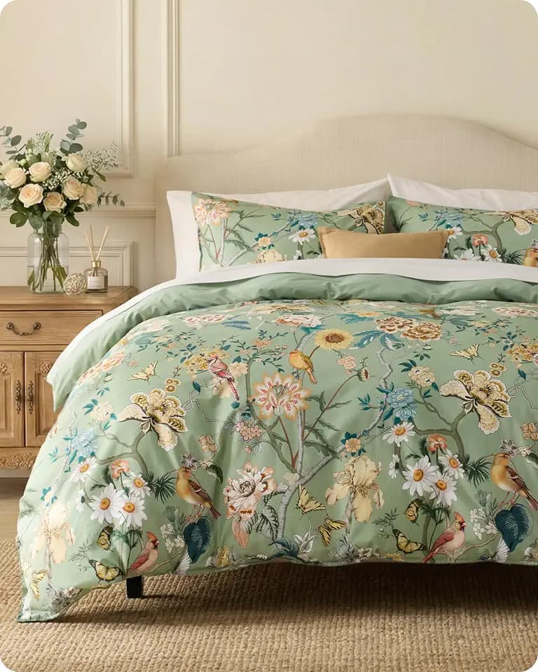 Bedsure PureWoven 100% Cotton Floral Duvet Cover Set, Queen, Green Garden