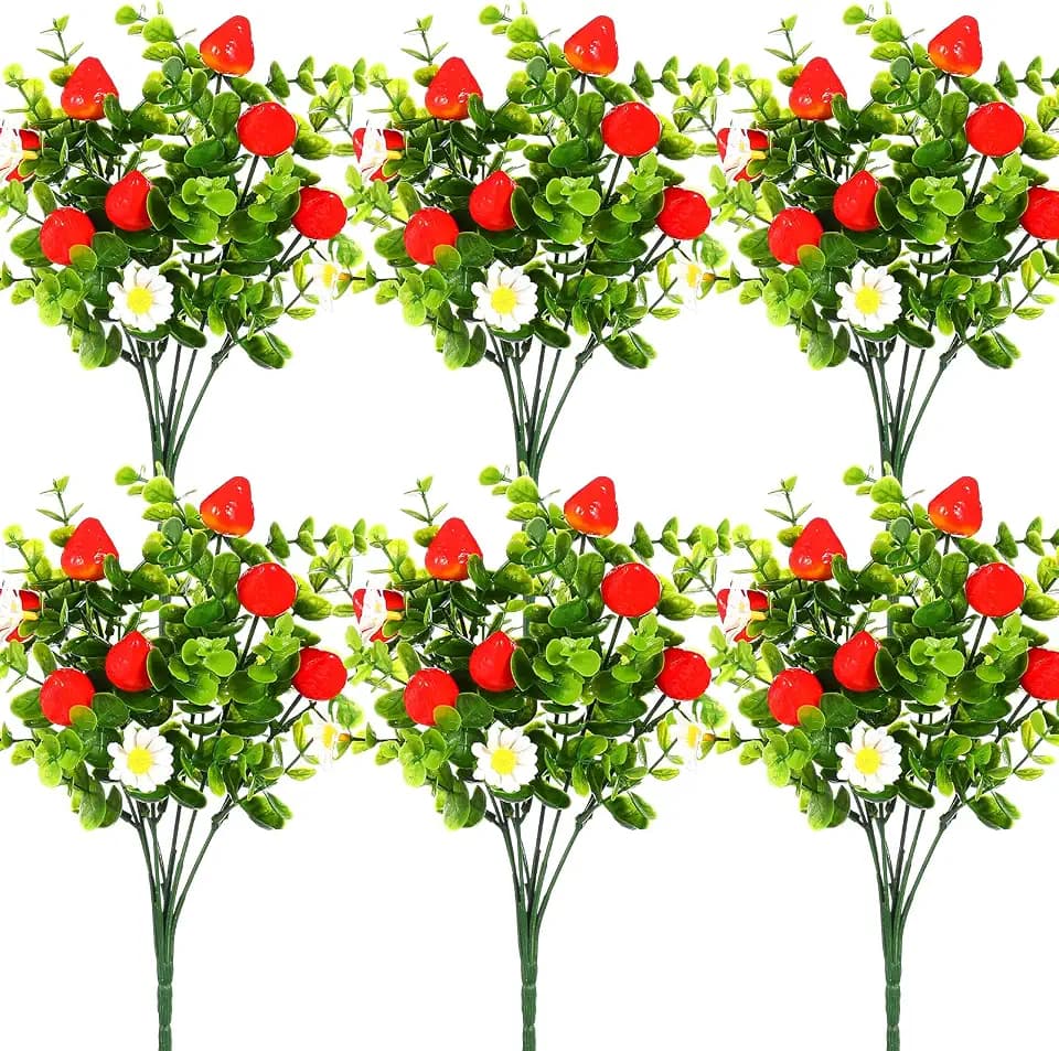 Tigeen 6 Pack Strawberry for Decoration Fake Strawberry Branches Artificial Vivid Red Faux Tables Centerpiece for Kitchen Stem Fruits for Home Spring Summer Decor