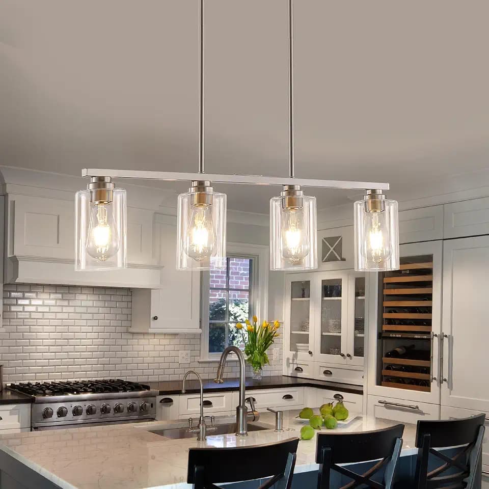Mecgirn Island Light for Kitchen, Brushed Nickel Dining Room Light Fixture Over Table, 4-Light Linear Chandelier Pendant Lighting for Dining Table Kitchen Island Living Room