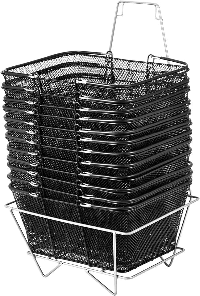 Mophorn 12PCS Shopping Baskets with Handles, Black Metal Shopping Basket, Portable Wire Shopping Basket, Black Wire Mesh shopping Basket Set for Stores Shopping