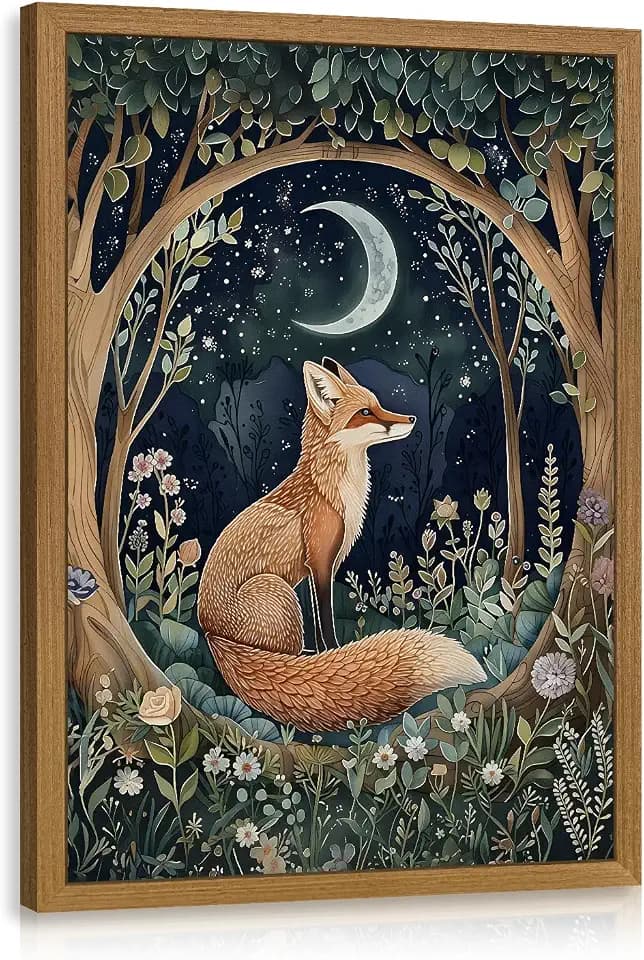 Snlihc Wood Framed Vintage Dark Moon Forest Fox Bedroom Wall Art 16x24 in