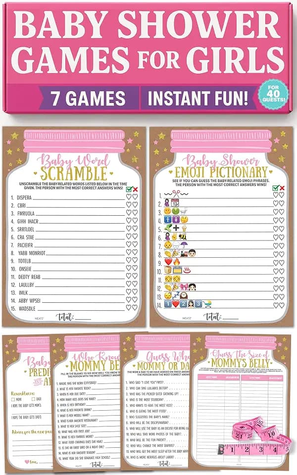 Neatz Baby Shower Games for Girl - 7 Games Instant Fun - Baby Prediction Cards, Guess Who Mommy or Daddy, Word Scramble, Advice Cards, Pictionary, How Big is Mommys Belly, Mason Jar Design