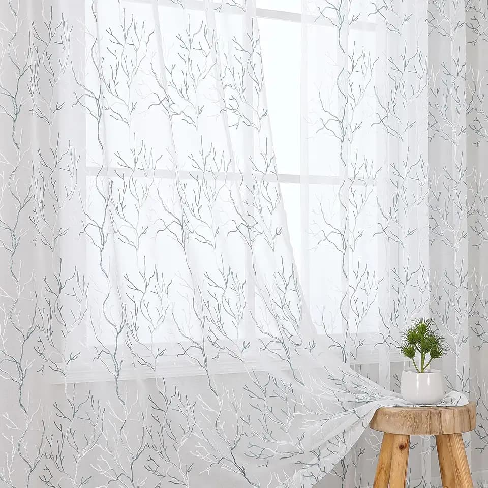 VISIONTEX White Sheer Curtains Blue Coral Branch Embroidered 84 Inches