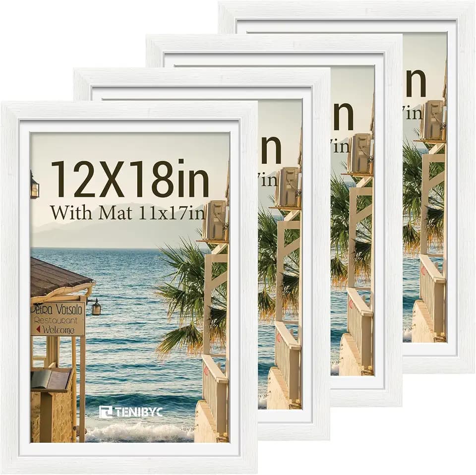 12x18 Poster Frame 4 Pack, 11x17 Mat, White Wood, Glass for Picture