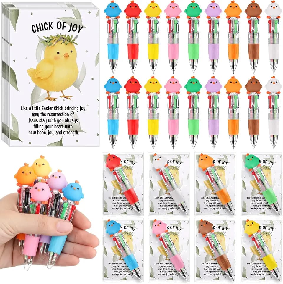 Gersoniel 24 Set Easter Gifts Bulk Cute Chicks Mini Multicolor Pen Retractable 4 Colors in 1 with Cards for Religious Resurrection Easter Party Favor Basket Eggs Stuffers Employee Coworker Gifts