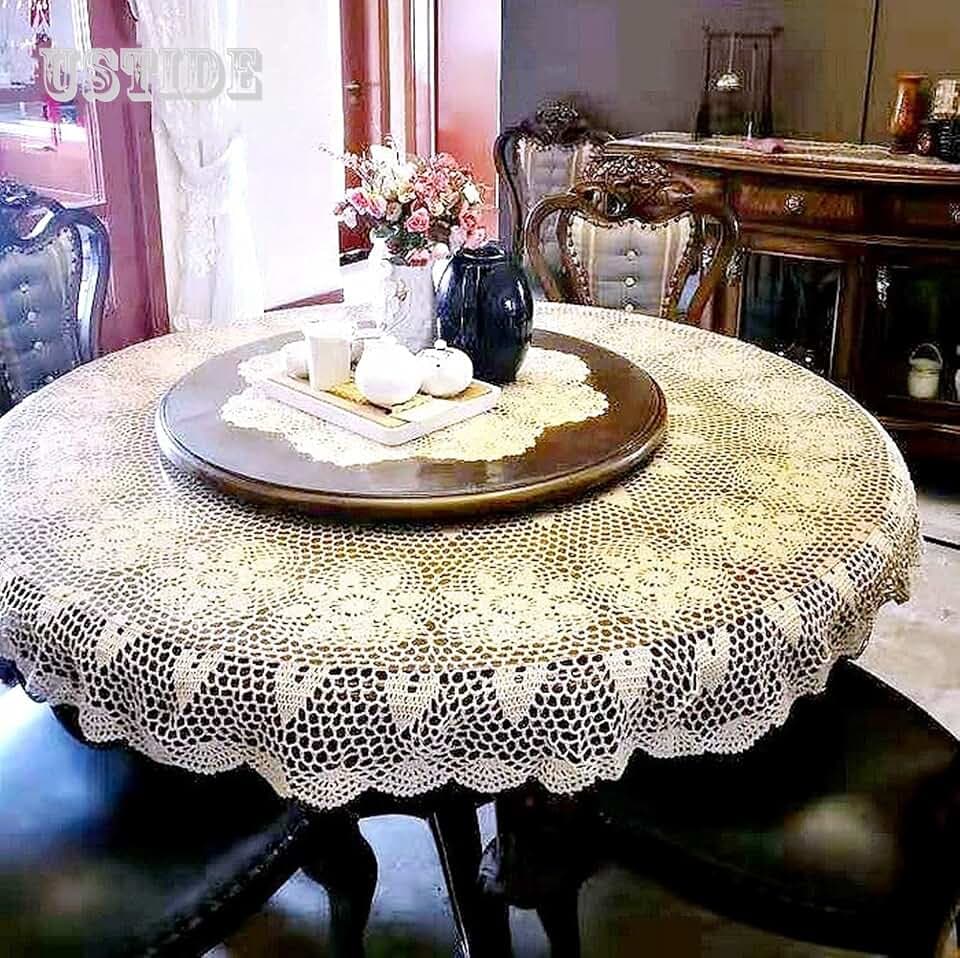 USTIDE 70" Crochet Round Tablecloth Beige Cotton Lace Table Overlays Handmade Crochet Floral Design Table Covers