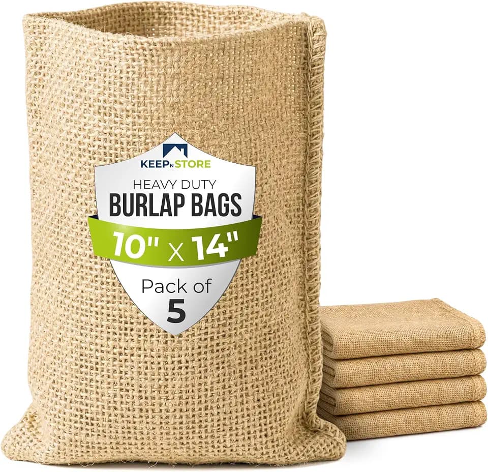 Burlap Storage Bags 10" x 14", Pack of 5 – Natural Jute Gunny Sacks for Storage of Vegetables, Gardening & Farm Use, Breathable Heavy-Duty Burlap Bags