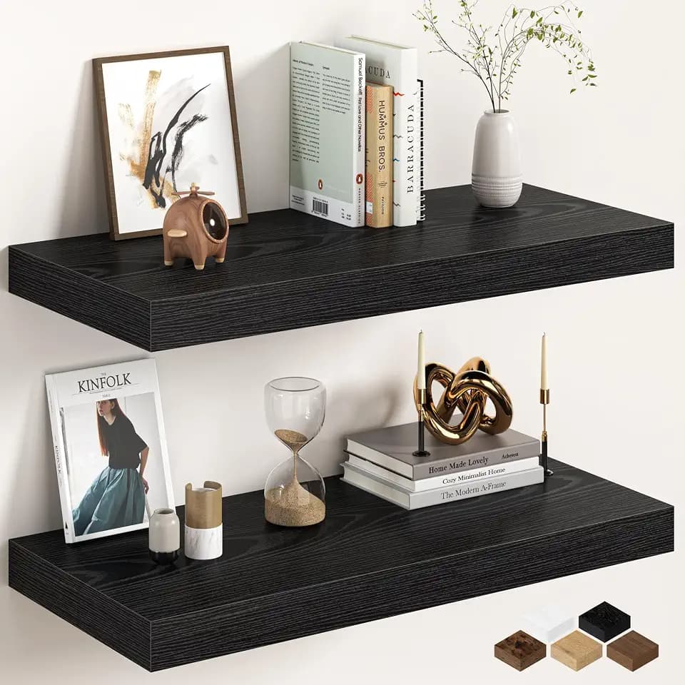 30Inch Black Floating Shelves for Wall, 12 Inch Deep Shelves for Bedroom, Kitchen, Bathroom Wall Mounted, Rustic Wood Floating Shelf with Invisible Brackets for Books, Storage, Decor, 2 Packs