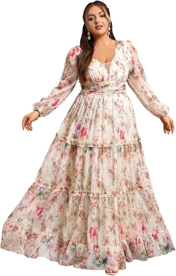Spring Summer 2026 Plus Size Women's Dresses V Neck Casual Elegant Long Sleeve Floral Print Boho Vacation Maxi Dress