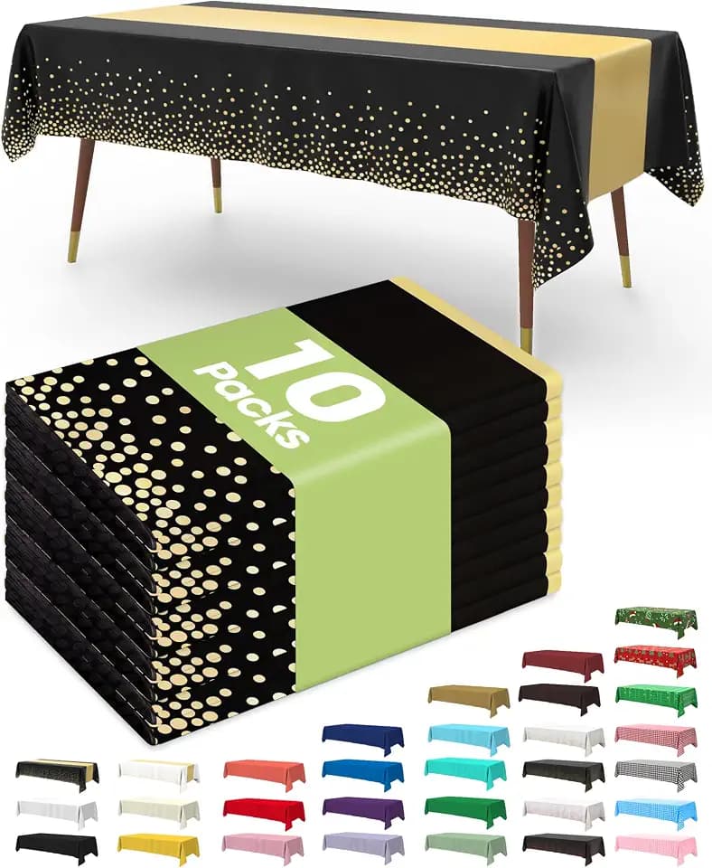 Pureegg Plastic Table Cloth Disposable 54x108 Inch 10 Pack, Black Gold
