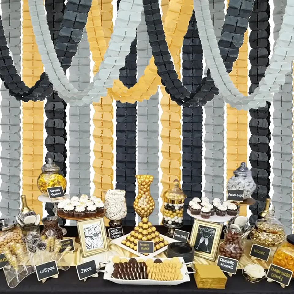 Black Silver Gold Retirement Party Decorations-Graduation Hanging Streamers 4 Leaf Clover Paper Banner Tassel Garland,Men Boys Birthday Engagement Wedding Baby Bridal Shower 118FT Decor Joylune